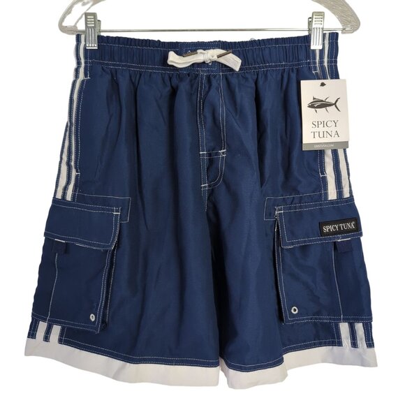 Spicy Tuna Men's Cargo‎ Swim Trunks S Navy White Beach Summer - Picture 1 of 12
